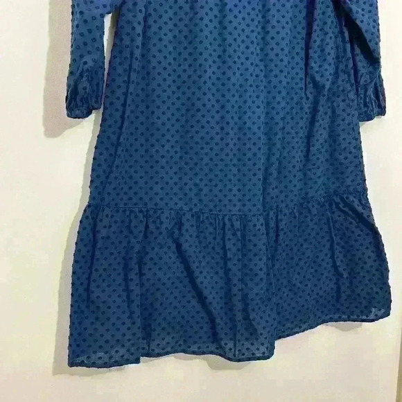 LOFT Navy Blue Dress Textured Dot Ruffle Hem Casual 3/4 Sleeve Size XS - Picture 2 of 9